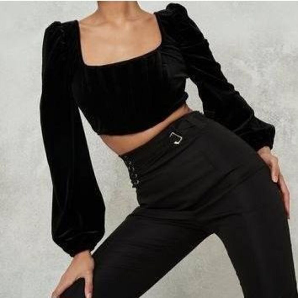 Missguided Women’s Black Velvet Puff Sleeve Corset Crop Top size 4 US